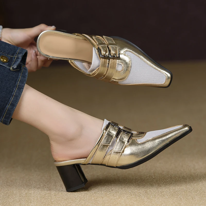 2024 Summer New Net Cloth Muller Slippers Women Shoes Buckle Ladies High Shoes Square Toe Heels Women Shoes for Women Sandals
