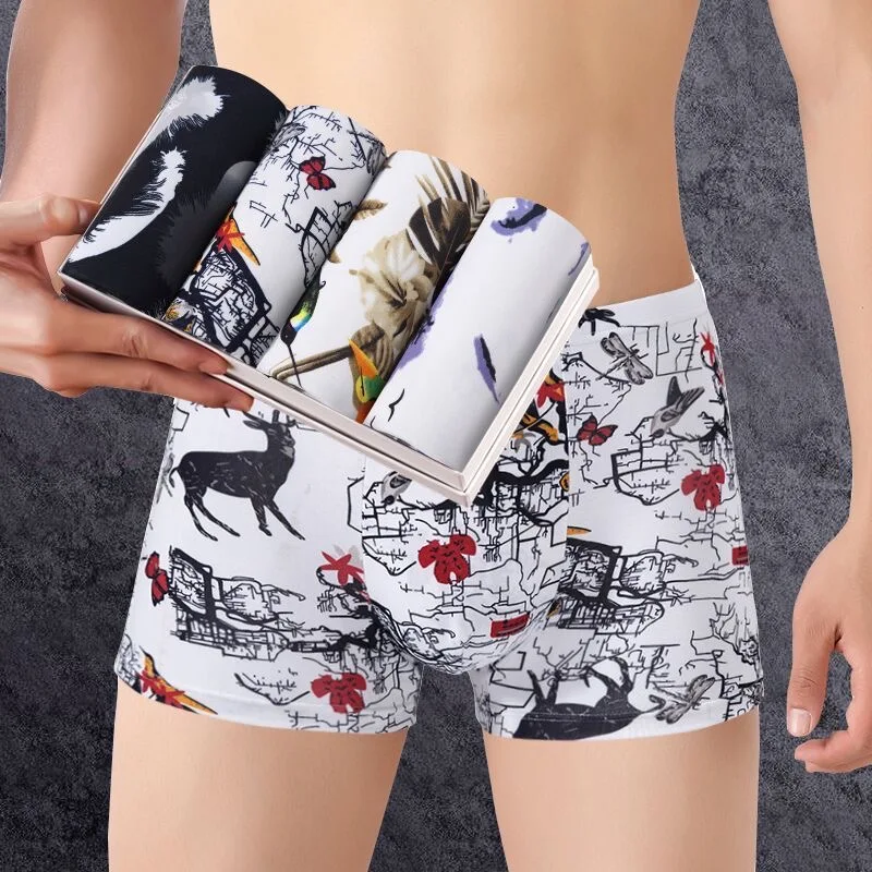 4pcs/set Mens Panties Seamless Printed Underpants Man Pack Shorts Boxers Underwear Mid-waist Male Fashion Boxer Large Size L-4XL