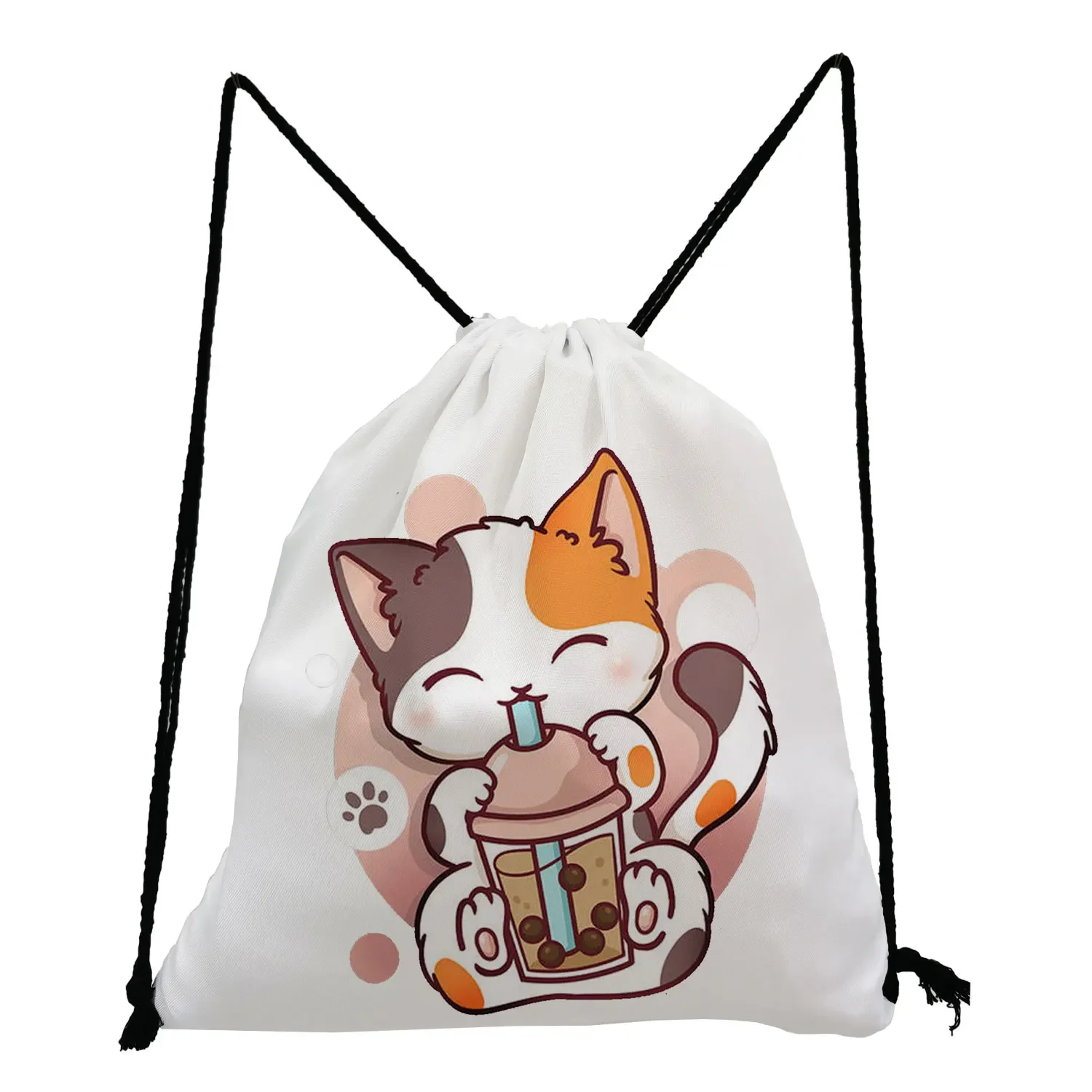 Portable Kawaii Cartoon Milk Tea Printed Shoes Bag Cute Graphic Casual Women Backpack Travel Drawstring Pocket Gift Softback Bag