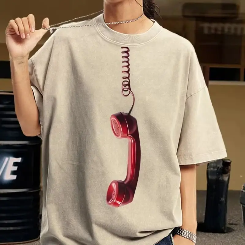 

Y2K Clothes Red Phone T-Shirt All - Cotton High - Quality Oversize Washed T-Shirt Vintage Red Phone Graphic Artsy Y2K Trend