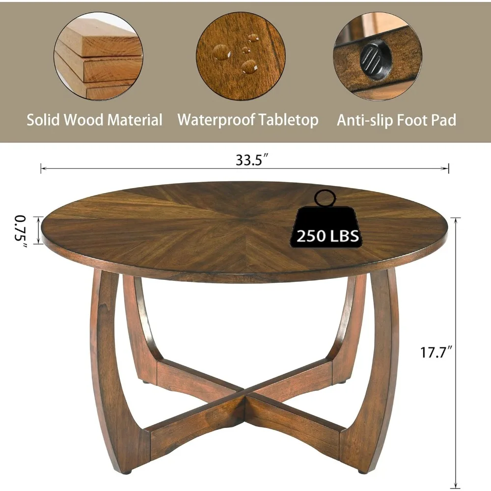 Round Wood Coffee Table, Mid Century Modern Round Walnut Coffee Tables for Living Room, 33.5 Dia. Circle Drum Coffee T