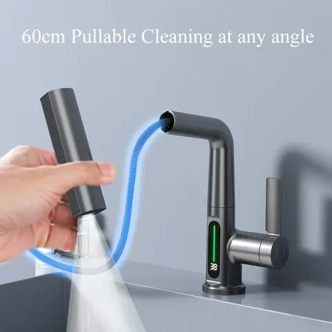 Smart digital display tvättställskran 3 funktioner utdragbar vattenfallspip däckmonterad kallvarmvattenblandare lyftbar kran 11 best sales smart kran - №7