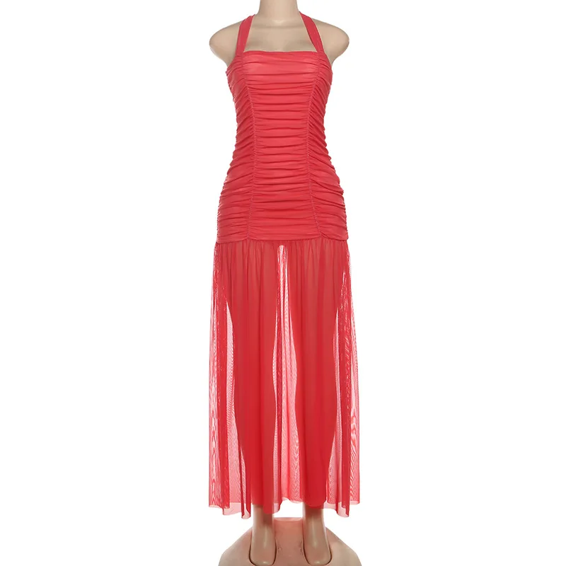 Vestido largo ajustado fruncido de malla transparente para mujer, vestido Sexy sin tirantes con cordones y cuello Halter y espalda descubierta, vestido largo ajustado para fiesta, ropa para discoteca