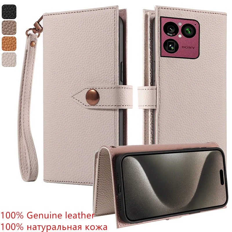 

100% Genuine lychee grain leather many card slot wallet Cover For Sony Xperia 1 VIII Magnetic button Fall prevention phone Case