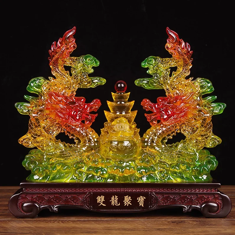 Chainese Style Fengshui Zhaocai Double Dragon Treasure Pot Brings Wealth Green Dragon Decoration Living Room Office Decoration