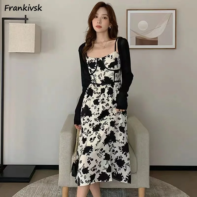 Slim Dresses Sets Women Printing Shivering Mid-calf Spring Autumn Ins Advanced Elegant Office Lady Suit Classic Hipster Leisure