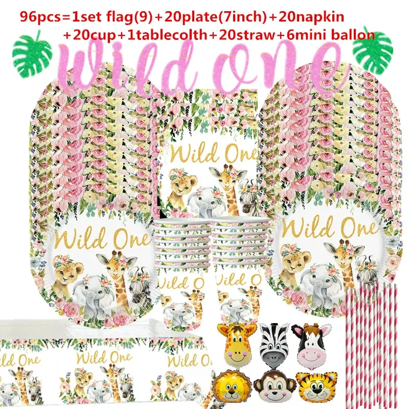 

Jungle Animal Tableware Set Wild One Birthday Party Decor Kids Girls Pink Forest Party Supplies Jungle Safari Theme Party Decor