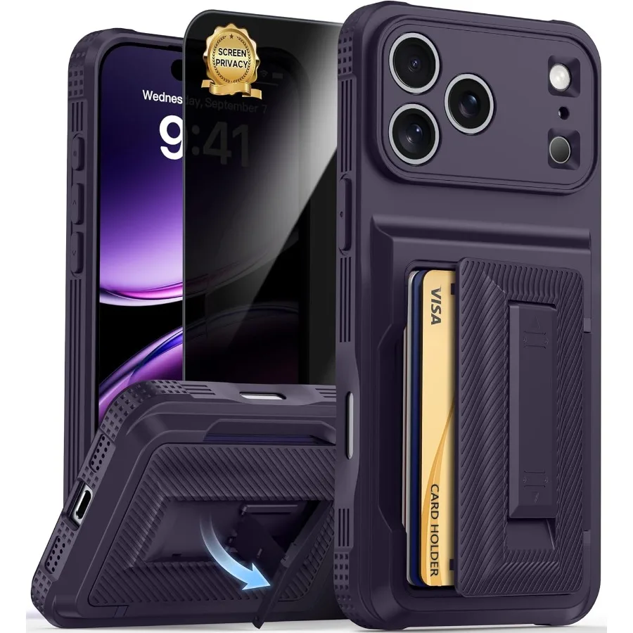 Full Camera Protection Wallet Case for iPhone 17 Pro Max with Built-in Card Holder 4-5 Cards + Privacy Screen Protector featuri