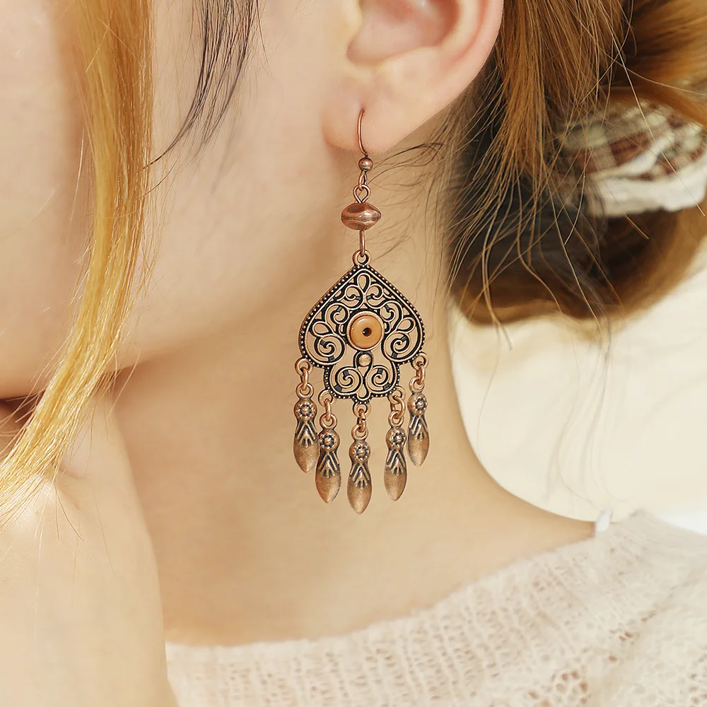 Vintage ethnische geometrische braune Tropfenohrringe für Frauen, elegante Persönlichkeit, Urlaub, lässig, täglich, Ohrringe, Boho-Schmuck – Detail 5