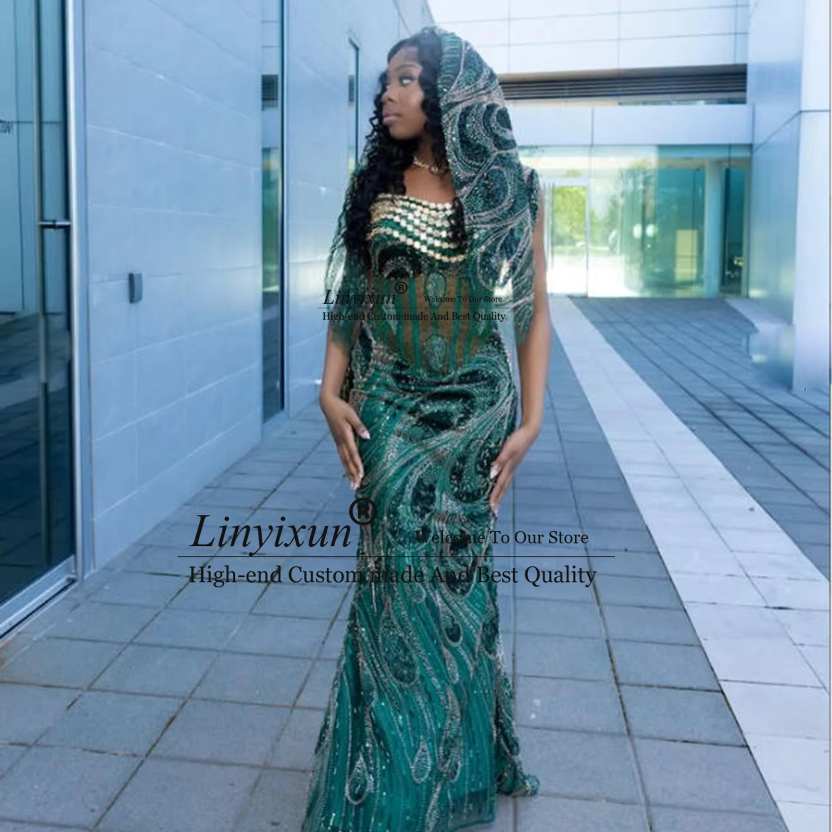 

Luxury Beaded Mermaid Prom Dress With Hooded Veil Corset Bodice Peacock Pattern Formal Evening Gown Customized suknia studniówka