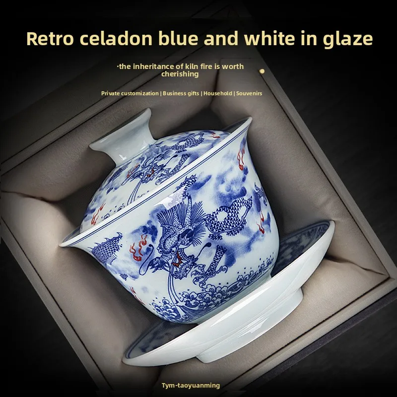 Blue and White Porcelain Covered Bowl, Dragon Patterned Tea Maker, Ceramic Kung Fu Tea Cup, Chinese Porcelain Tea Ceremony Gift