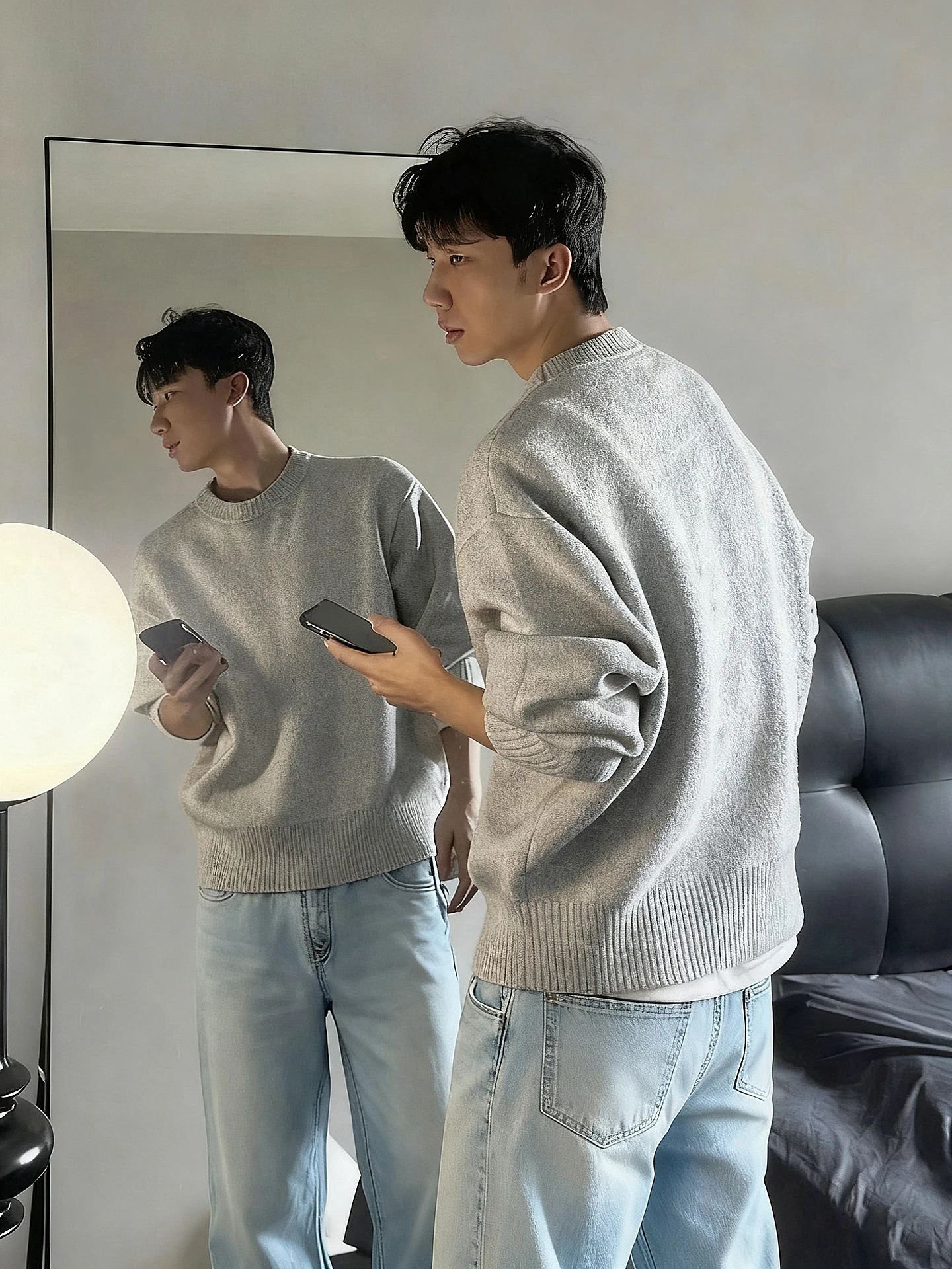 

Light ey American Sle round Ne Knitwear Men's Base Layer Inner Wear Loose Fit Winter Casual Polyester Fiber Long Sve