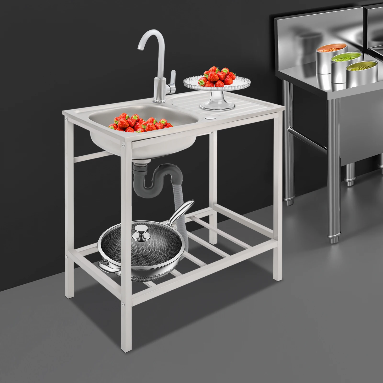 

Stainless Steel Sink with Operation Countertop and Bottom Shelf, Freestanding Kitchen Sink with Faucet, Single Bowl Utility Sink