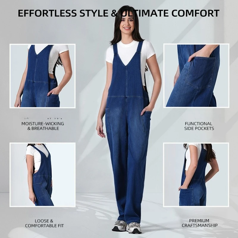 Denim Overalls Loose Wide Leg Bib Overalls V Neck Adjustable Straps Jumpsuit with Pockets Casual Summer Jean Overall for Ladies