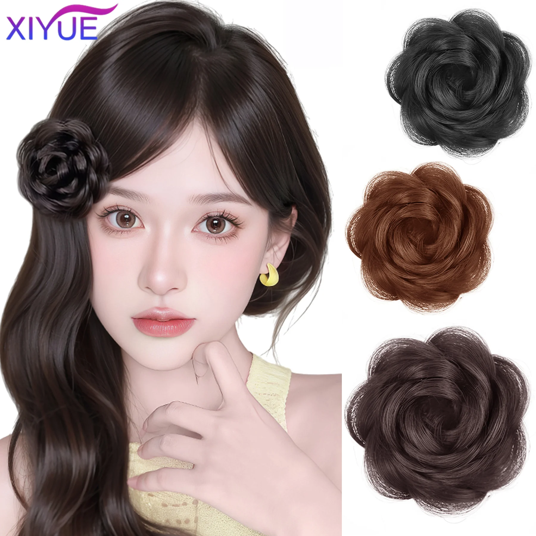 XIYUE New Synthetic Hair Bun Clip Rose Natural Wig Hair Clip Fluffy Hairpiece Women Chinese Style Flower Bud Wig