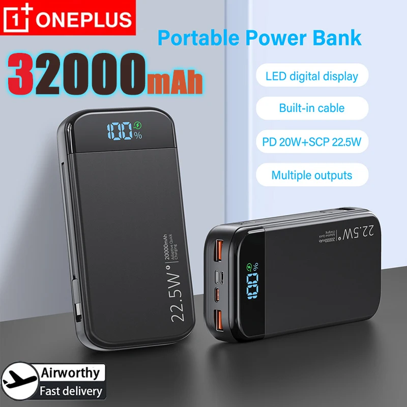 OnePlus Portable Charger 32000mAh Super Fast Charging QC 3.0 PD2W Smart LED Display Fast Charging Built in 2 Cables Power Bank