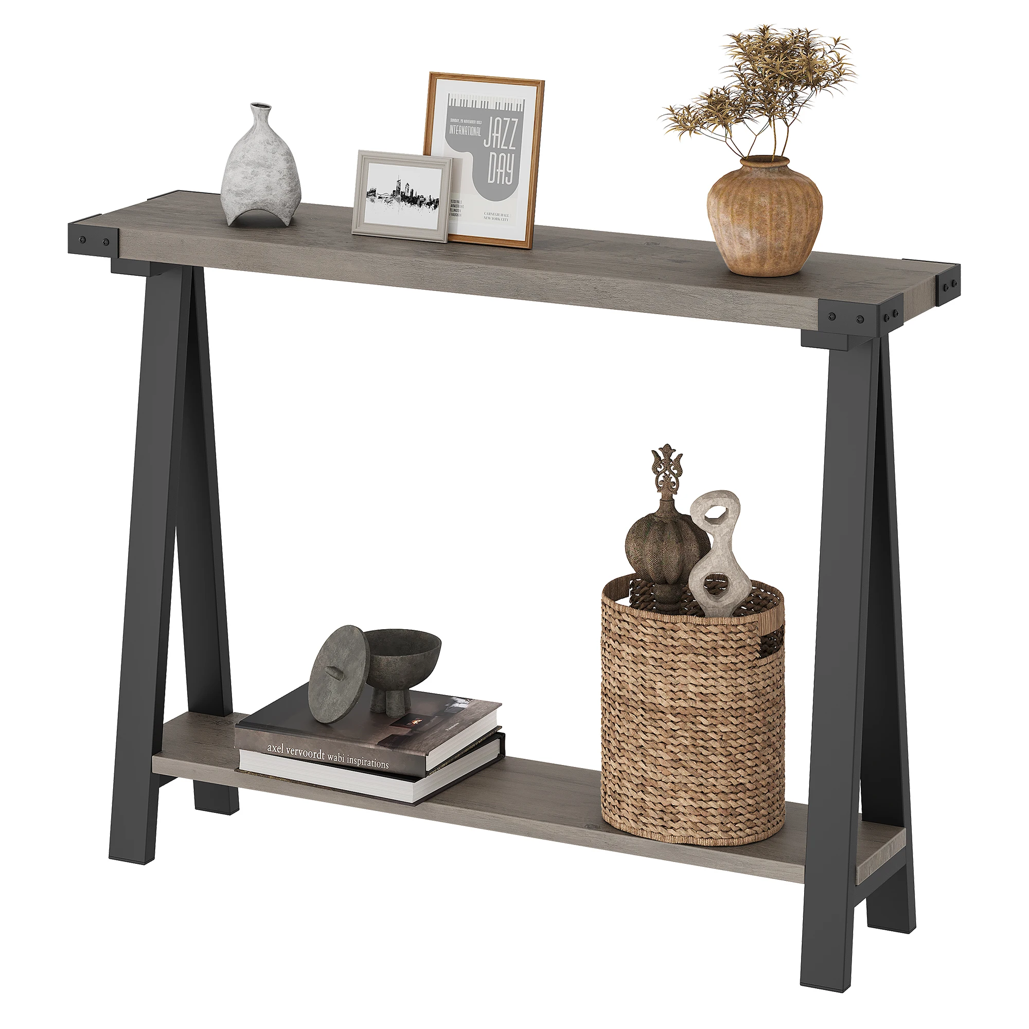 Grey Console Table, 42.9" Entryway Table and Sofa Table, 2-Tier Narrow Console Table with Storage for Entryway, Living Room