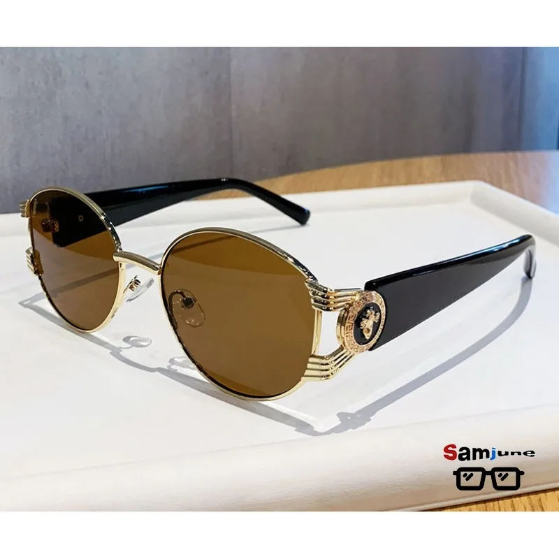 Image of Samjune Modische ovale Sonnenbrille für Damen, europäischer und amerikanischer Stil, Metallbrille, Damen, trendige Herrenbrille, UV400