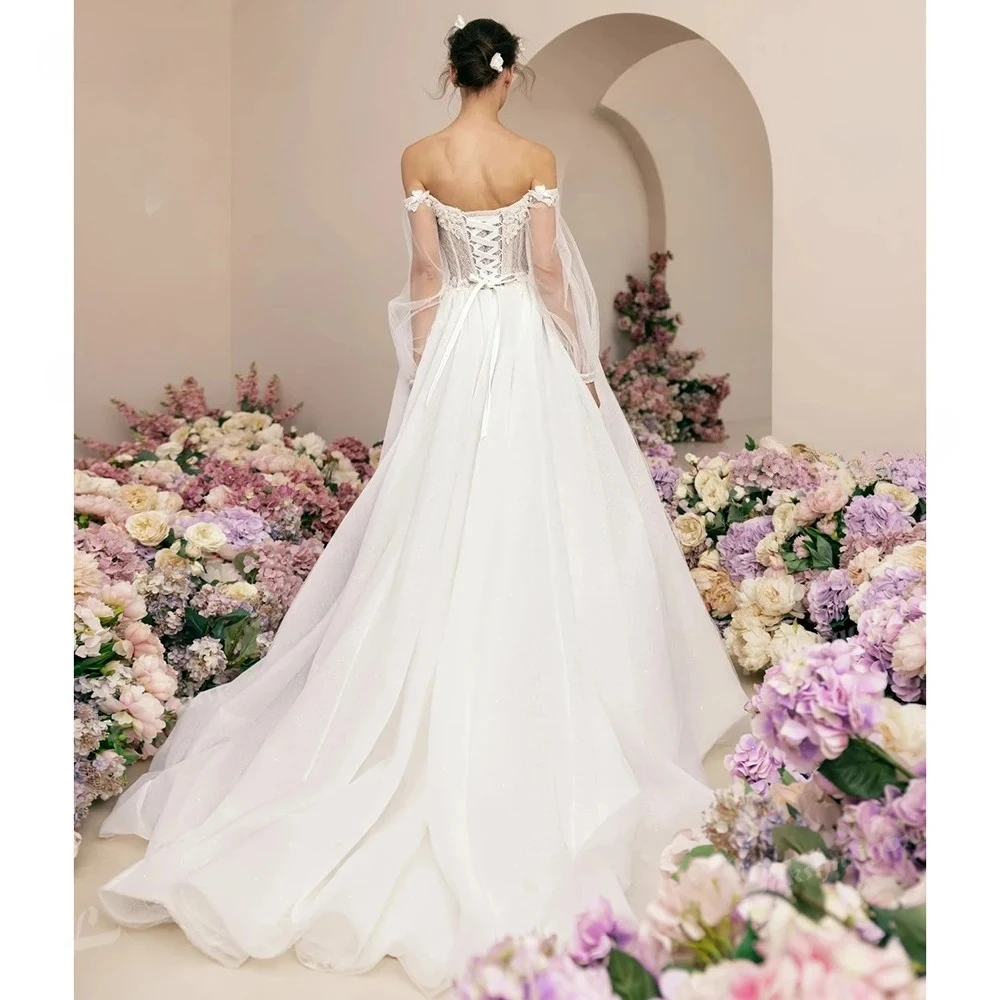 Customized Heart Off Shoulder Bridal Dresses Detachable Sheer Puff Floral Lace Fitted Waist Sparkle Tulle A Line Floor Gown