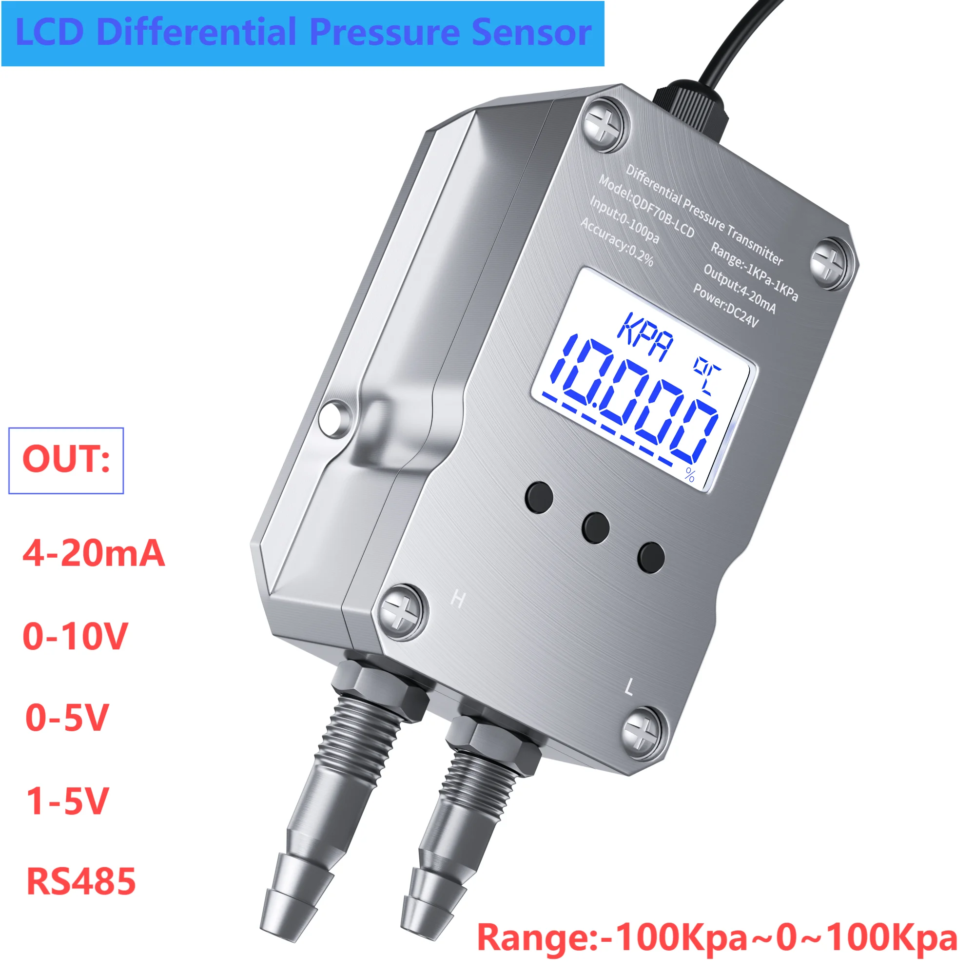 LCD Differential Pressure Transmitter 4-20mA 0-5V RS485 Wind Pressure Sensor 300Pa 5KPa 1Kpa Air Differential Pressure Sensor