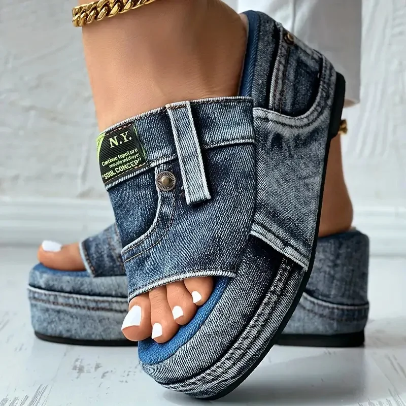 Platform Women Slippers New Summer Elegant Denim Sandals Comfortable Slip on Shoes Beach Walking Slippers Casual Slides Women