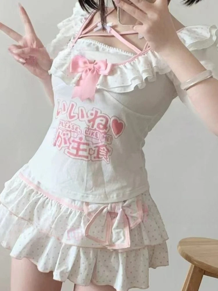 

Женский комплект из 2 предметов с милым милым бантом, японские топы на бретелях Kawaii + пышная короткая юбка в горошек, новый модный дизайн, облегающие наряды
