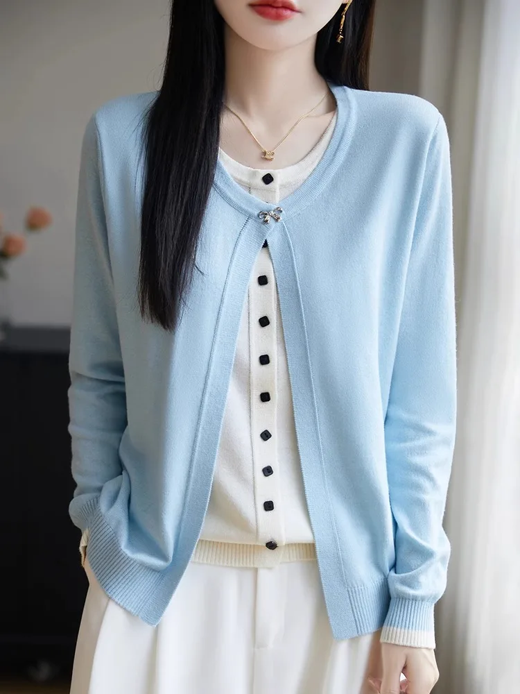 Korean Sle round Ne Knitted Open Cardigan Women's Loose Slimming Top Fake Two-Piece Long Sve Regular Length Buttoned