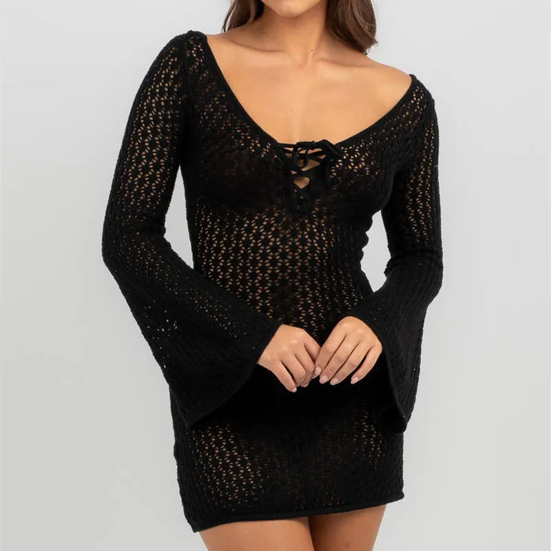 hirigin Women Crochet Cover Up Dress Summer Long Sleeve Hollow Out Knit Mini Dress Sexy V Neck Backless Swimsuit Beach Dress