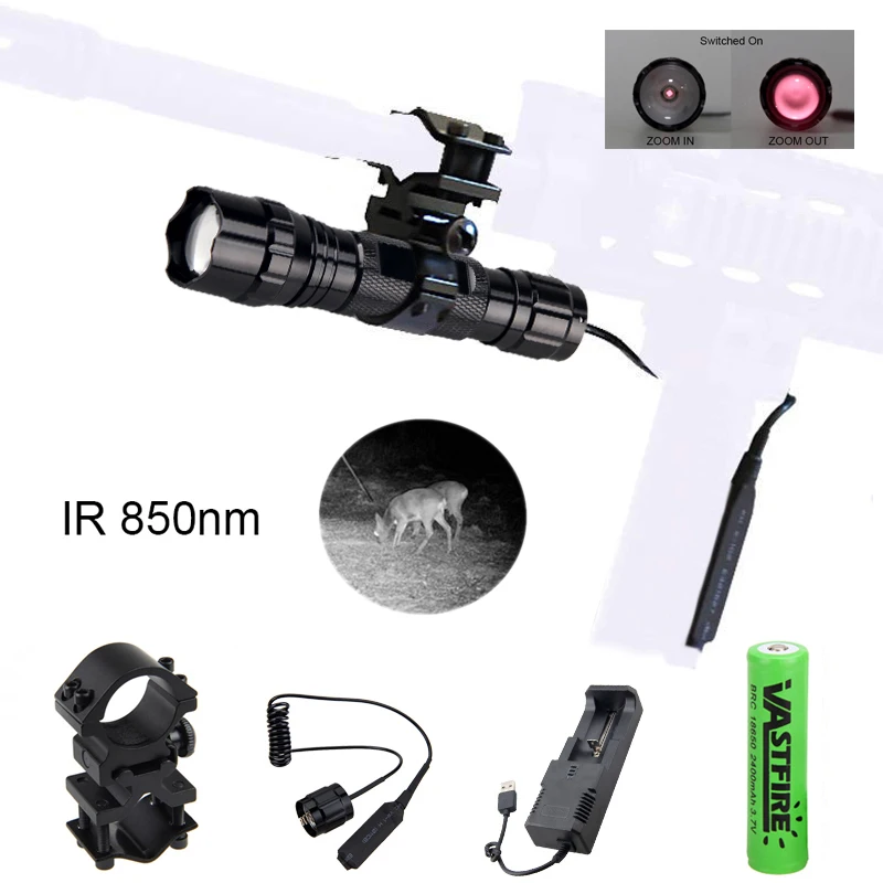 

850NM Torch 5W Zoomable LED IR Infrared Vision Hunting Night Flashlight Flash light+Gun Mount+Switch+Charger+18650
