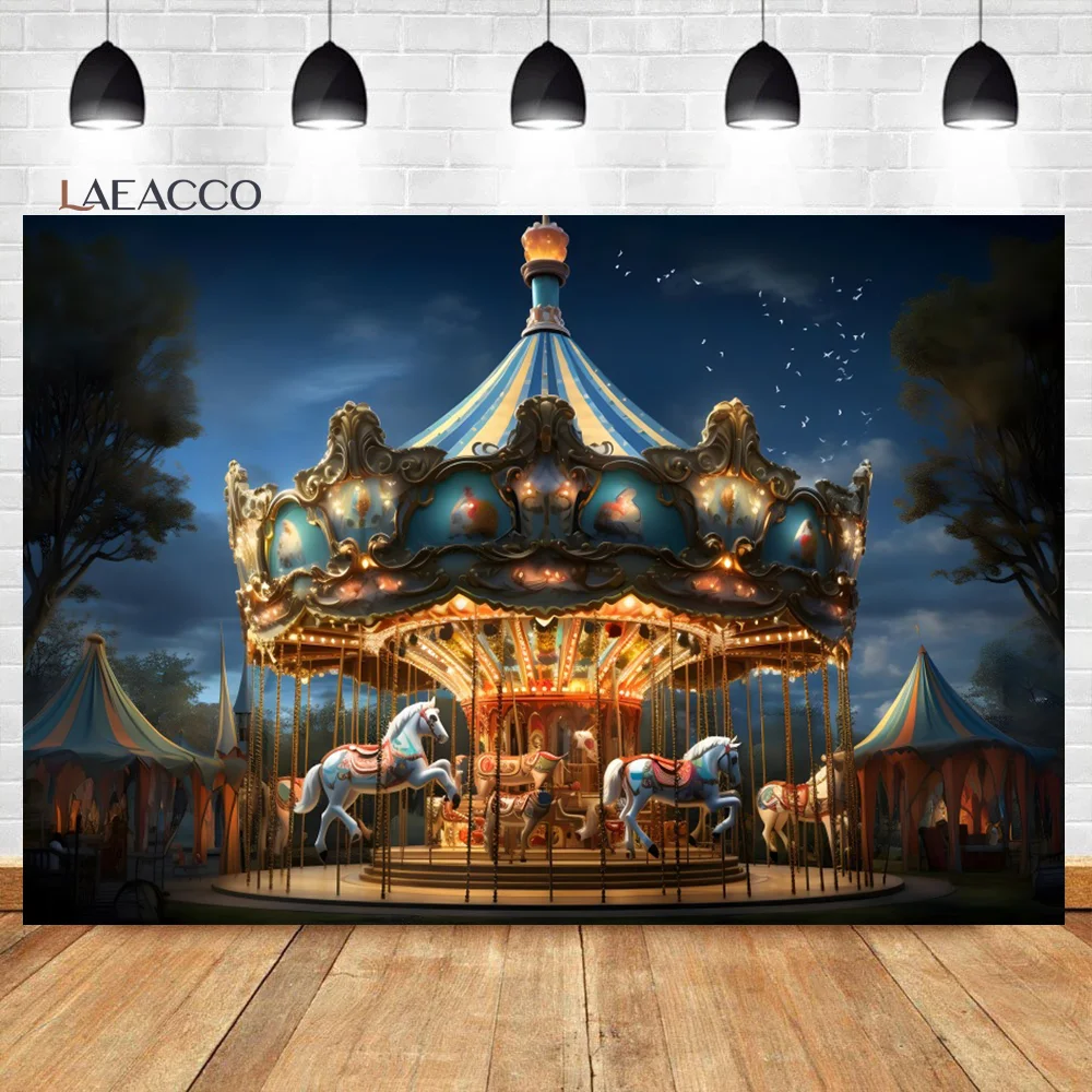 Laeacco Fantasy Amusement Night Park Background Circus Carousel Tent Carnival Party Kids Birthday Portrait Photography Backdrop