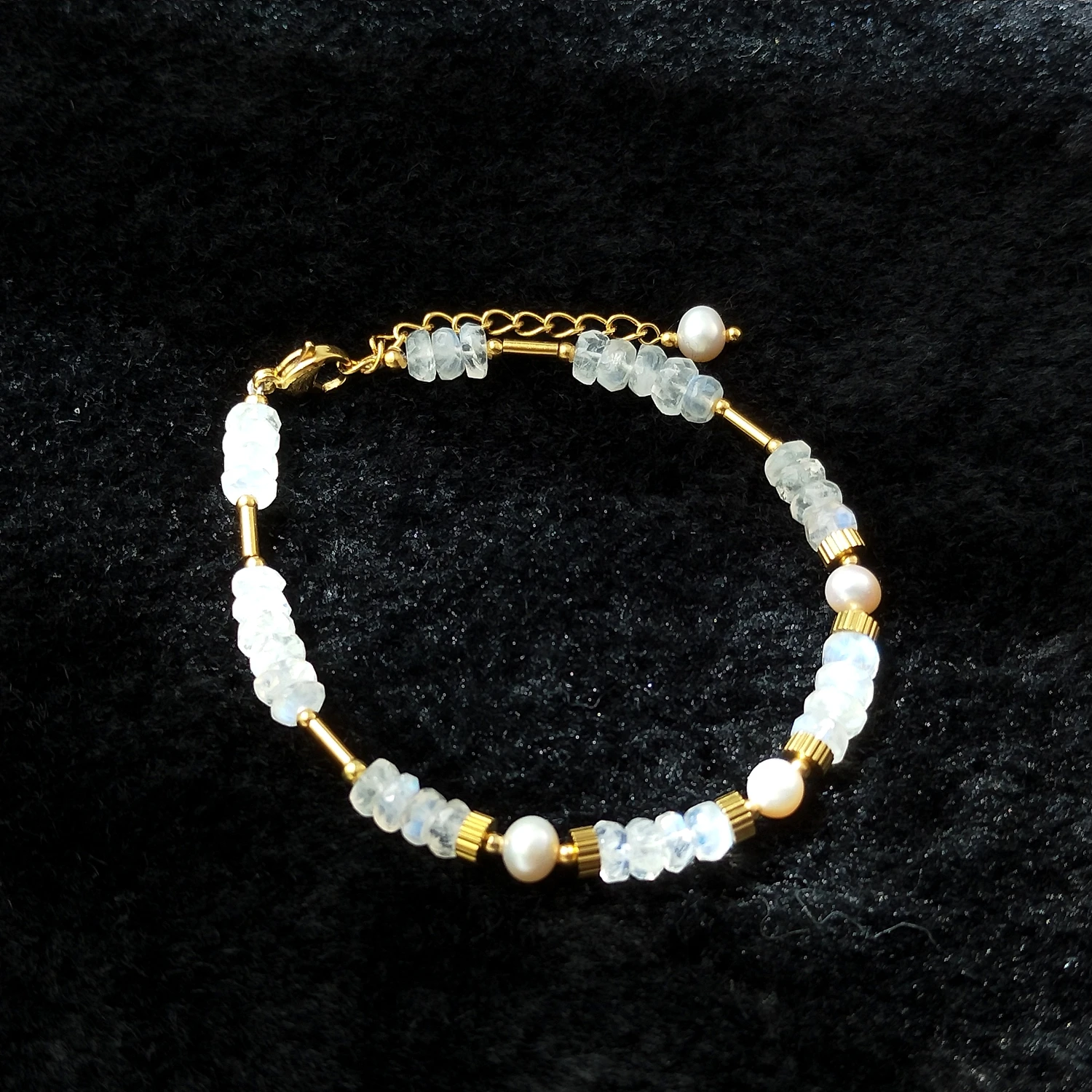 Lii Ji Moonstone Facted Beads Natural Stone Bracelet 17+3cm Gold Stainless Steel Handmade  Jewelry