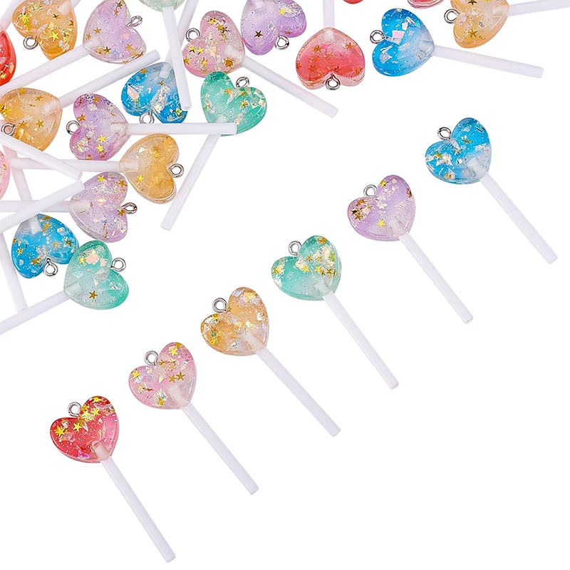 10Pcs Resin Glitter Hearts Shaped Lollipop Charms Imitation Sweet Candy Food Pendants for Earrings Necklaces DIY Jewelry Making