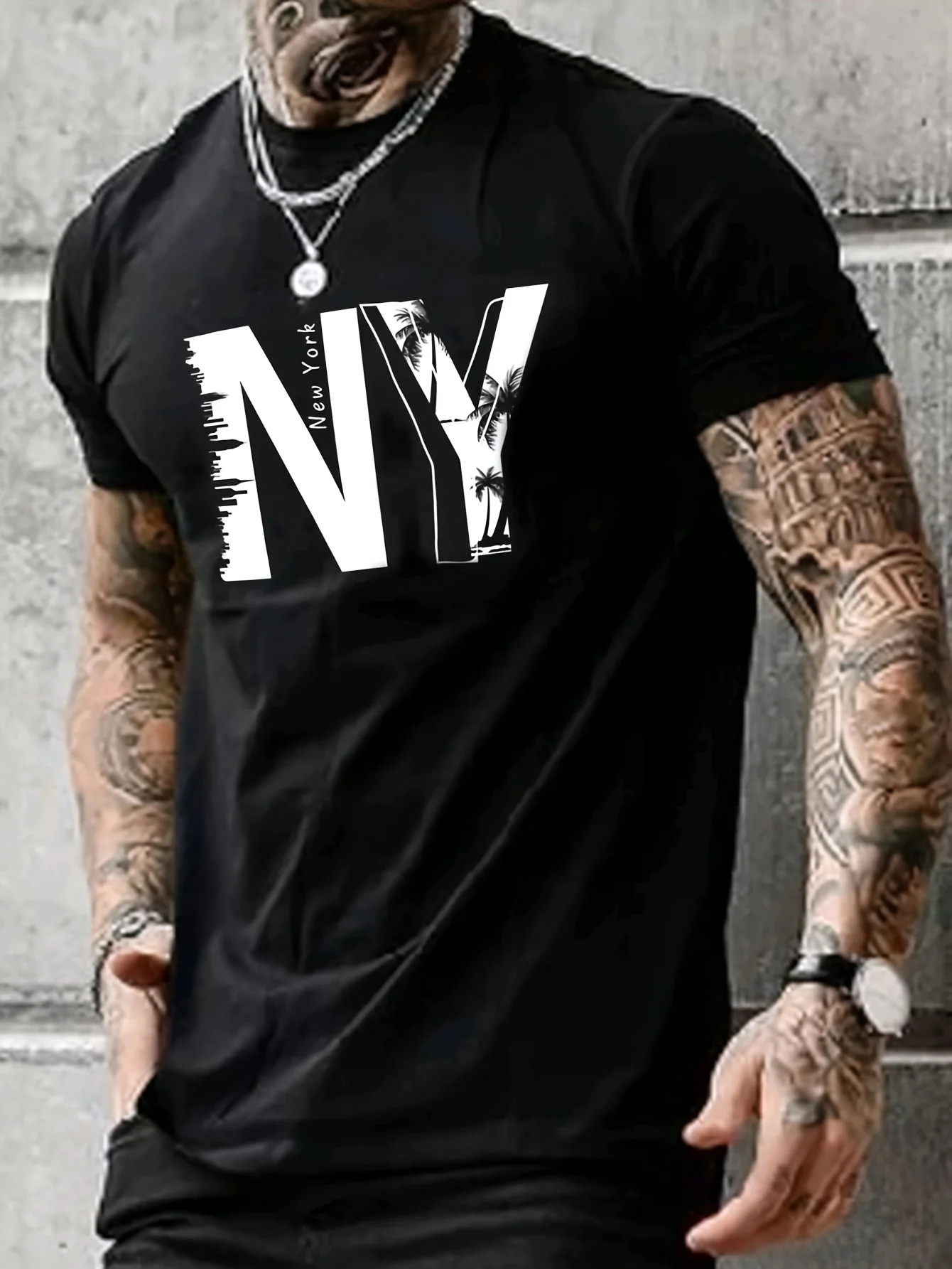 Summer men's 100% pure cotton casual loose plus size NY letter printed sports comfortable round neck short sleeved T-shirt top image 5
