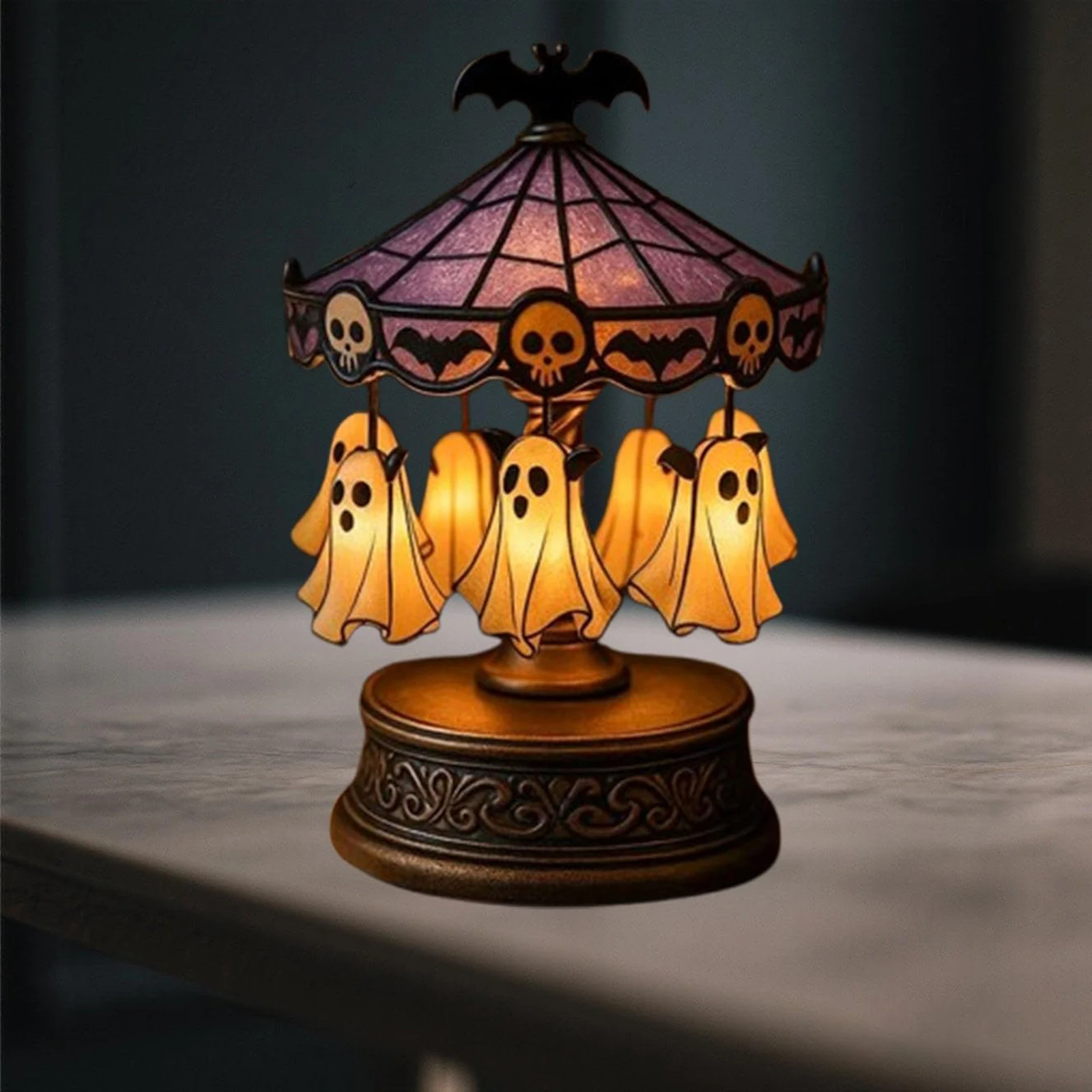 Rechargeable Vintage Carousel Light with Ghost Halloween Spooky Carousel Lamp for Kitchen Living Room Bedroom Study Halloween