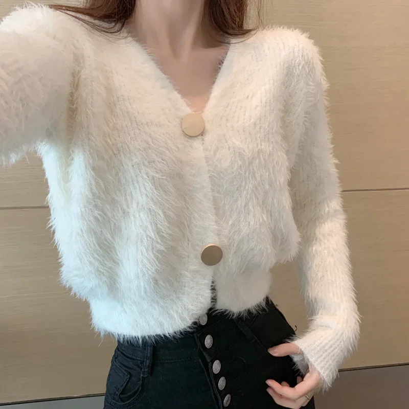 

Soft Fur Knit Cardigan Y2k Mink Fur Mohair Sweater Coat Long Sleeve V-Neck Harajuku Pink White Crop TopWomen Korean Sweaters