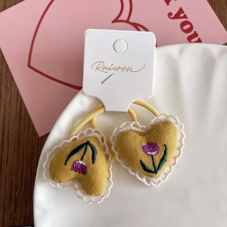 Kids Hair Ties Winter Fabric Handmade Embroidered Heart Elastic Ponytail Holders Non Slip Bun Set 2Pcs view 6