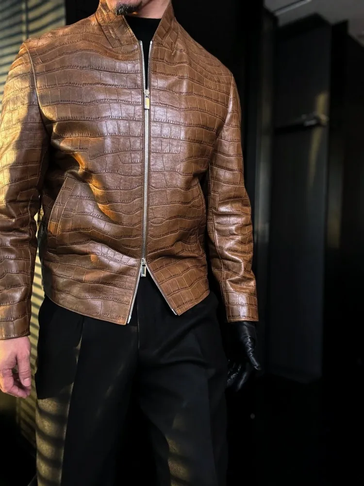 Italian Designer Mens Luxury Business Work Crocodile Pattern Cowhide Genuine Leather Jacket Zipper Stand Collar Slim Fit Coats