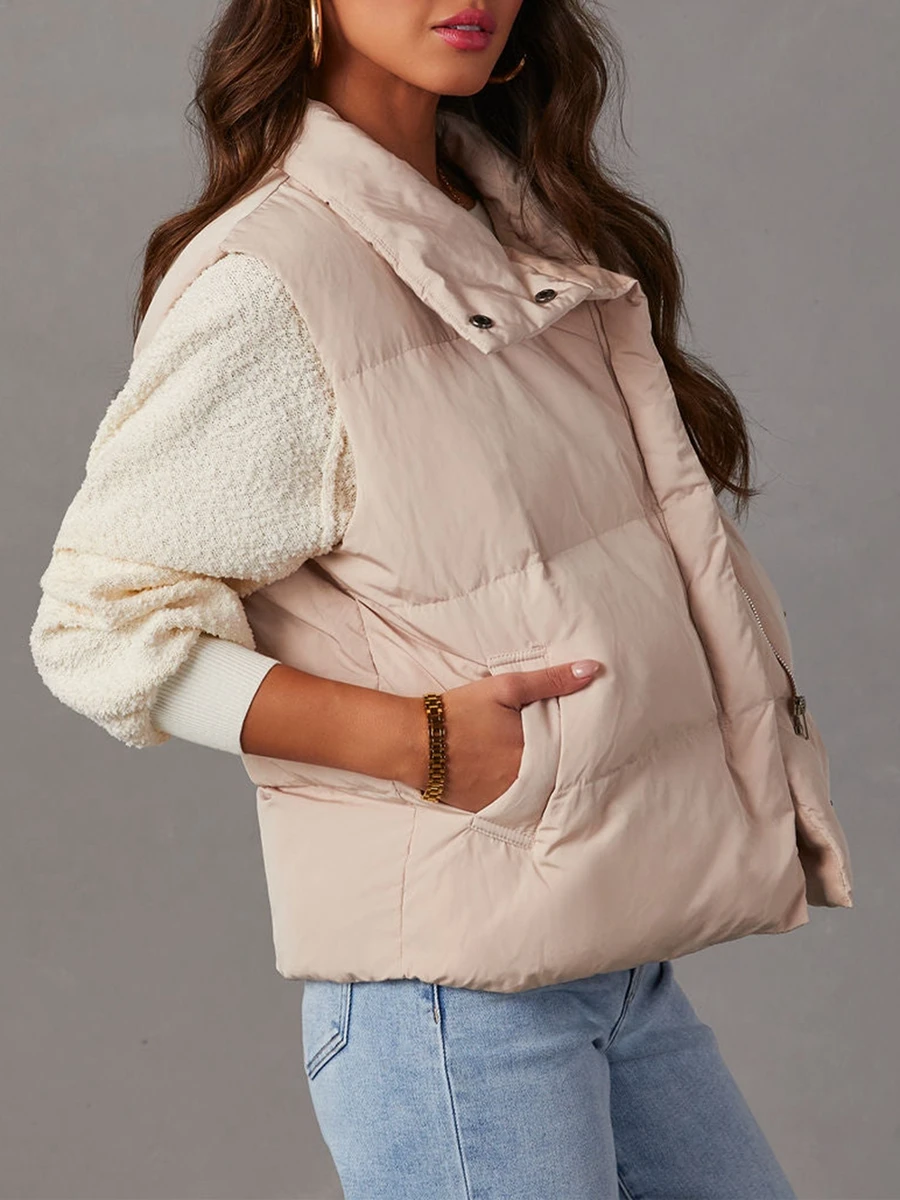 

Women s Sleeveless Quilted Vest Winter Cropped Puffer Warm Vest Lightweight Stand Collar Crop Waistcoat with Pockets