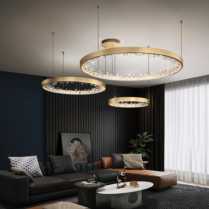 Round Ring Chandelier Modern Crystal Pendant Light 40/60/80cm for Living Room Bedroom Kitchen Home Decor Black/Gold Lamp