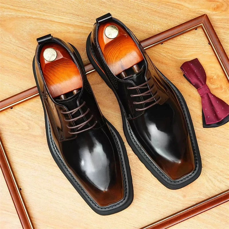 

Elegance Brogues Men's Cow Leather Lace Up Platform Dress Brogue Square Toe Daily Business Wedding Footwear