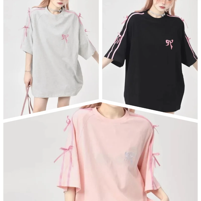 Korean style sweet bow loose short-sleeved design T-shirt for women 2024 new high-end niche ins sweet and spicy embroidered top