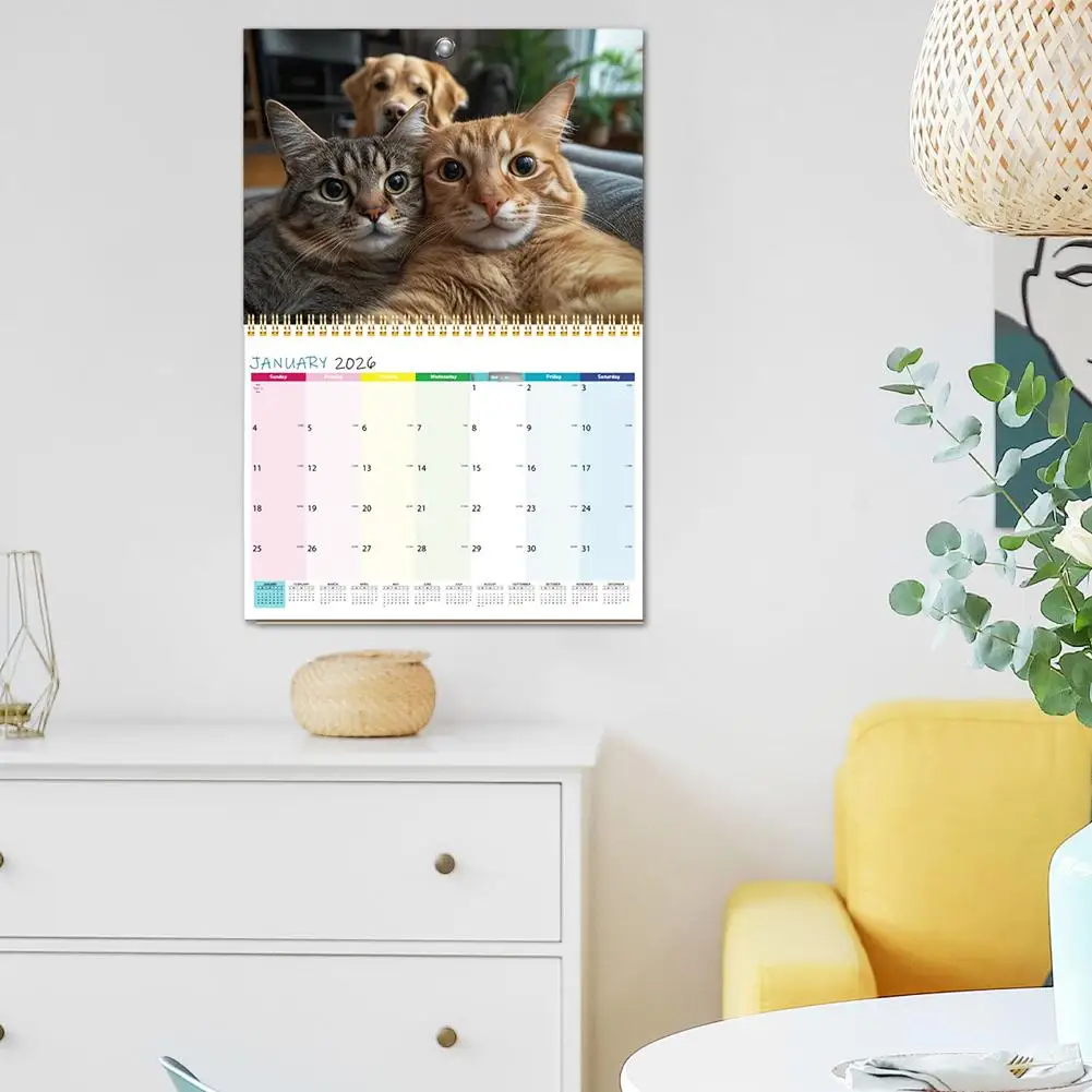 2026 Home Office Desktop Wall Calendar Funny Cute Cat Pattern Spiral Bound Daily Planner 2026 Cat Themed Decor Calendar