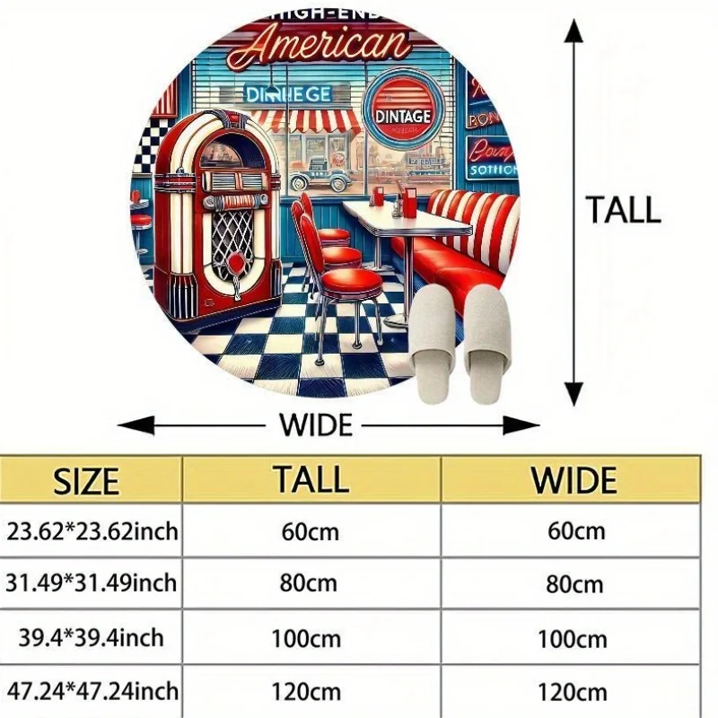 American Diner Jukebox Checkered Round Rug Flannel Retro Kitchen Bar Mat Non Slip Vintage Style Restaurant Home Decor Floor
