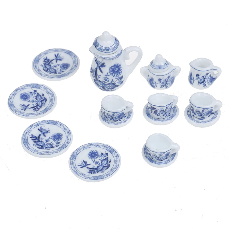 15 stuks 1:12 poppenhuis miniatuur blauwe bloem servies porseleinen koffie theekopjes