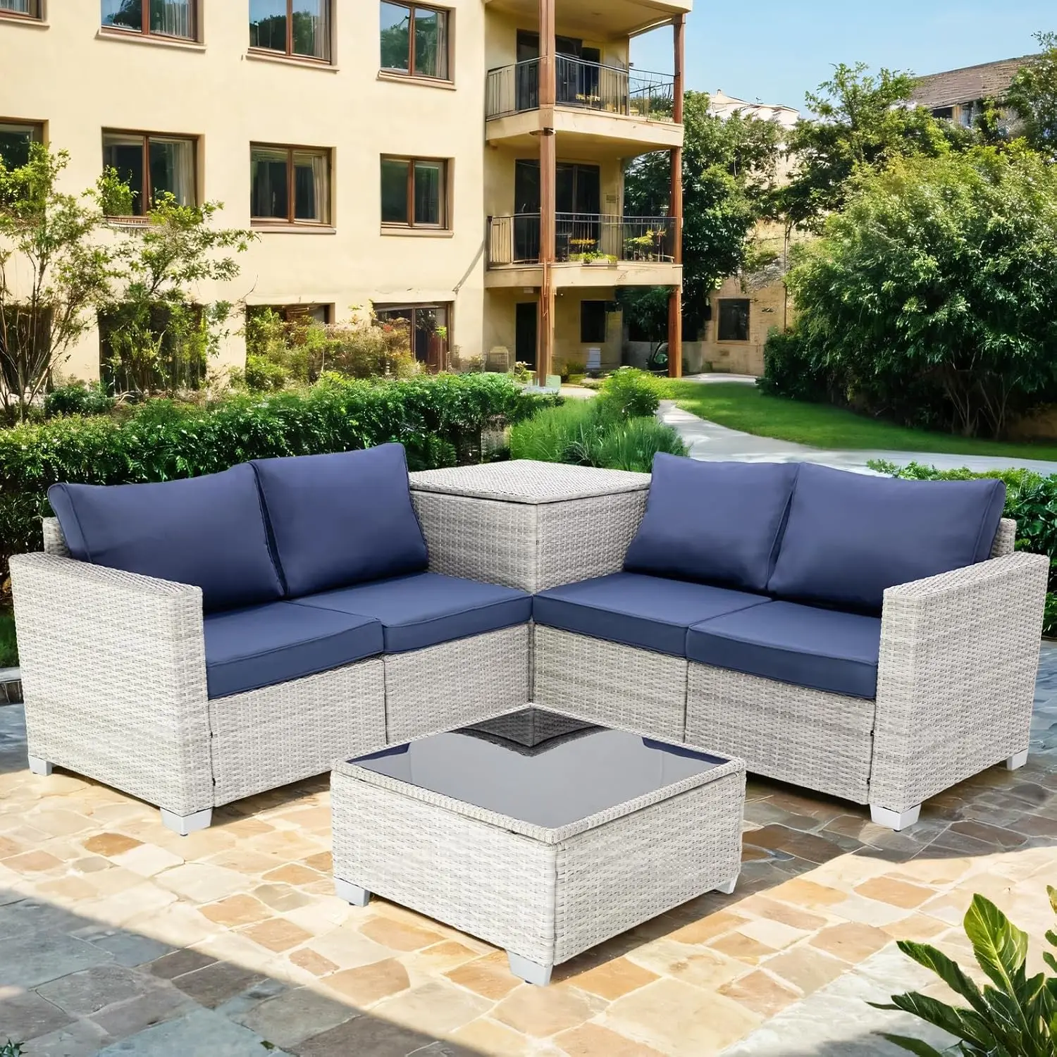 Outdoor Patio Furniture Set 4 PCS with Large Storage Table, Coffee Table & 4 Seat Armchairs Rattan Sectional Wicker Porch Set