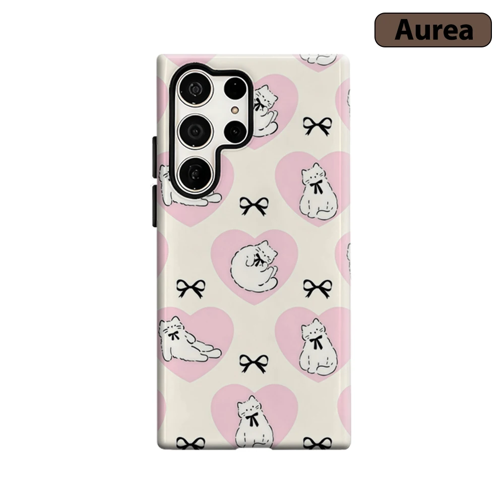Herz-Kätzchen-Schleife Charm Handyhülle für Samsung Galaxy S25 Ultra S24 S23 Ultra Plus Stoßfeste Doppelschicht Robuste Rückabdeckung