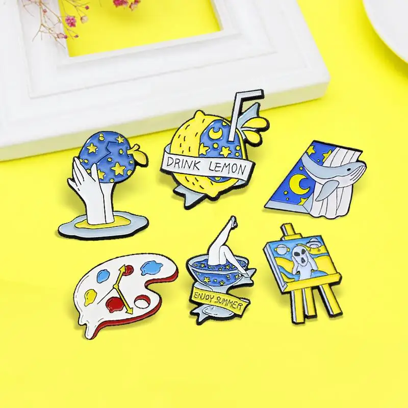 Cocktail Lemon Juice Clock Palette Enamel Pin Starry Night Sky'DRINK LEMON,ENJOY SUMMER'Custom Brooches Nightlife Badge Jewelry