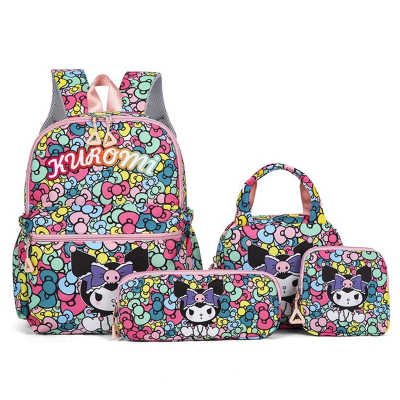 Mochila Kuromi fofa de 4 unidades, estojo de lápis, bolsa de ombro, conjunto de carteira, bolsa escolar Hello Kittys, bonecas Melodys mochila casual ao ar livre