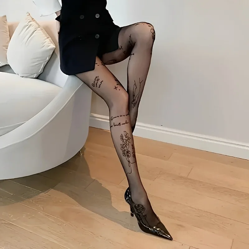  Flower Letter Tattoos Pantyhose Sheer Breathable Silk Stockings High-Waisted Elastic Long Socks Daily Wear Women Tights