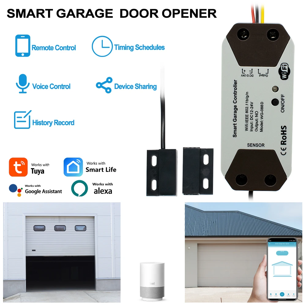 WIFI Tuya Smart Garage Door Opener Controller 12V/24V DC, Timer & Countdown Function, Real-Time Door Status, Alexa Google Home